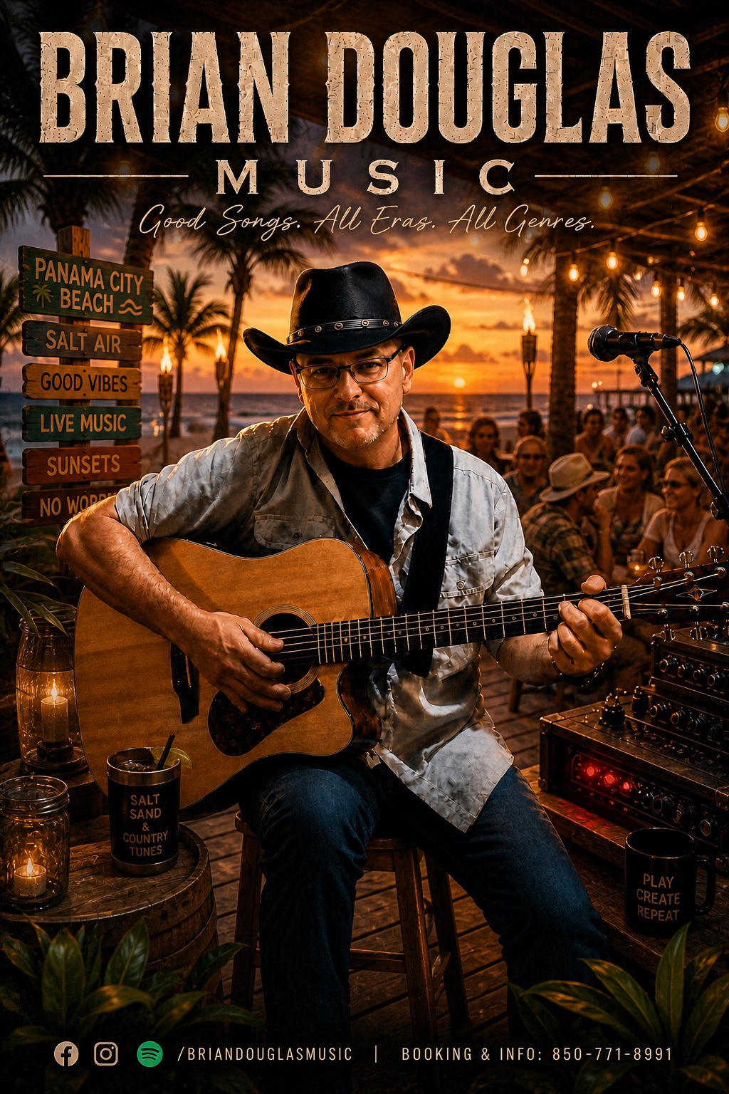 Brian Douglas performing acoustic guitar at a coastal venue